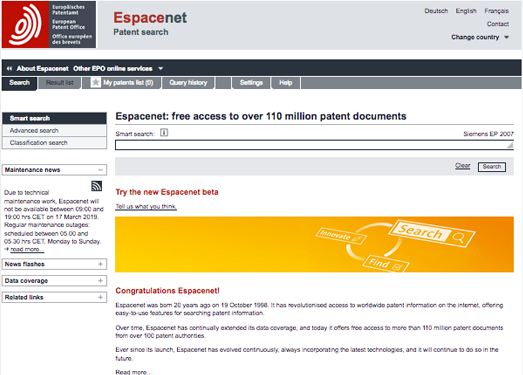Espacenet:欧洲专利局数据库